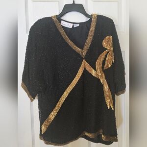 Laurence Kazar Black and Gold Sequin Blouse